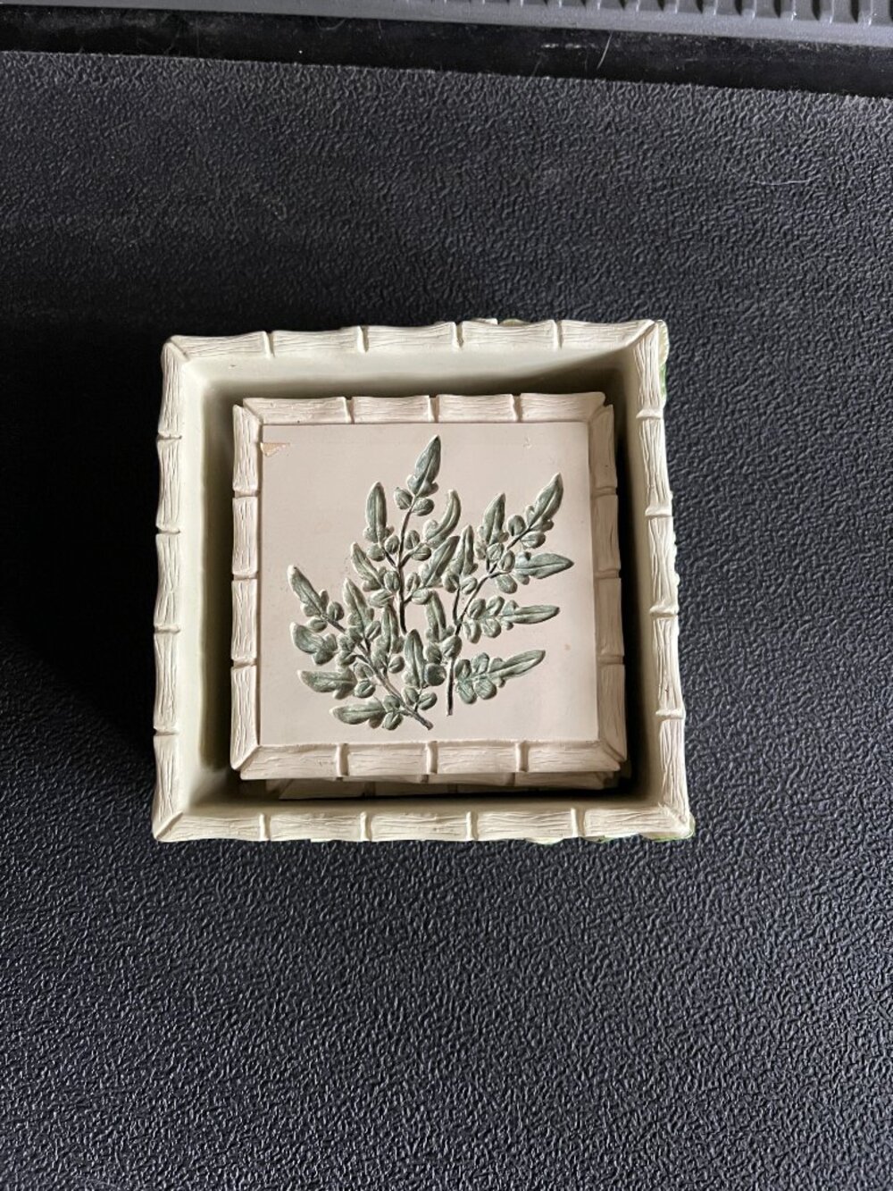 Vintage Square Ceramic Coasters Fern Leaf Design Set of 4 with Matching holder